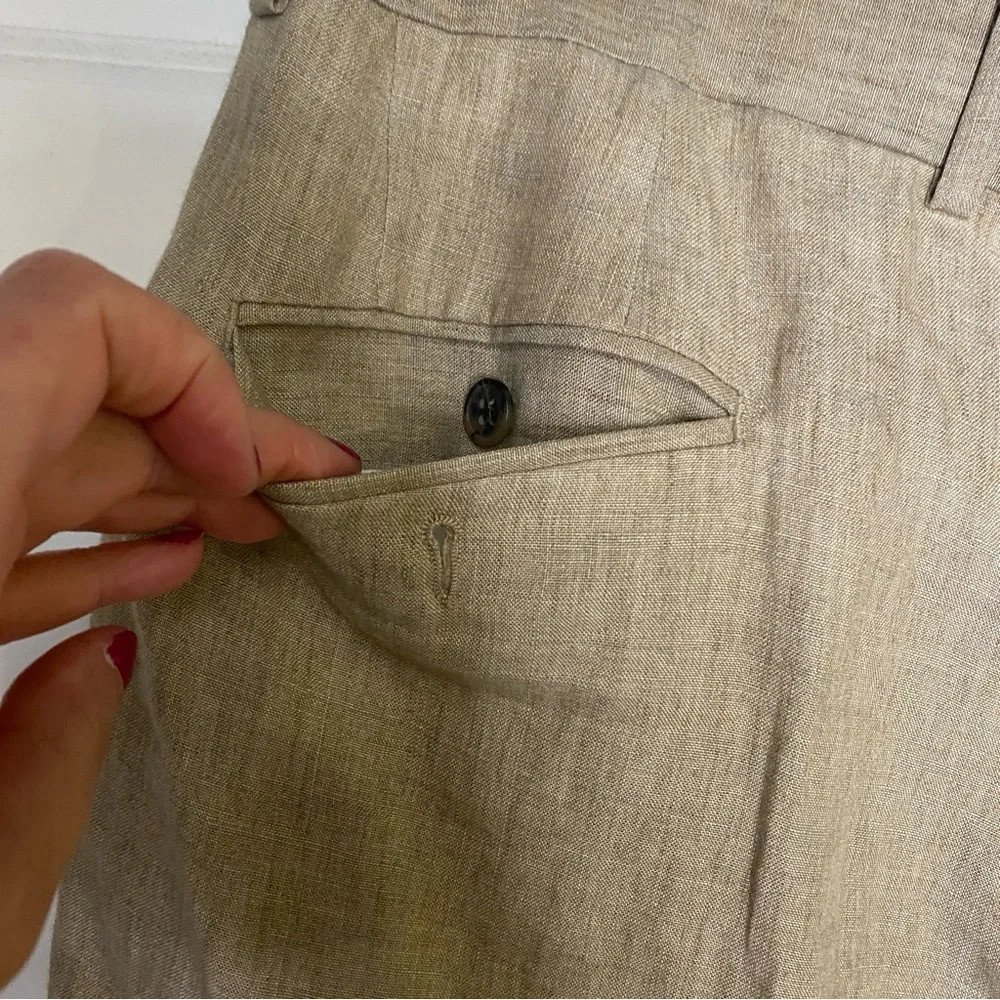 Paul Fredrick Plaid Linen Flat Front Beige Tan Suit Pants Size 36